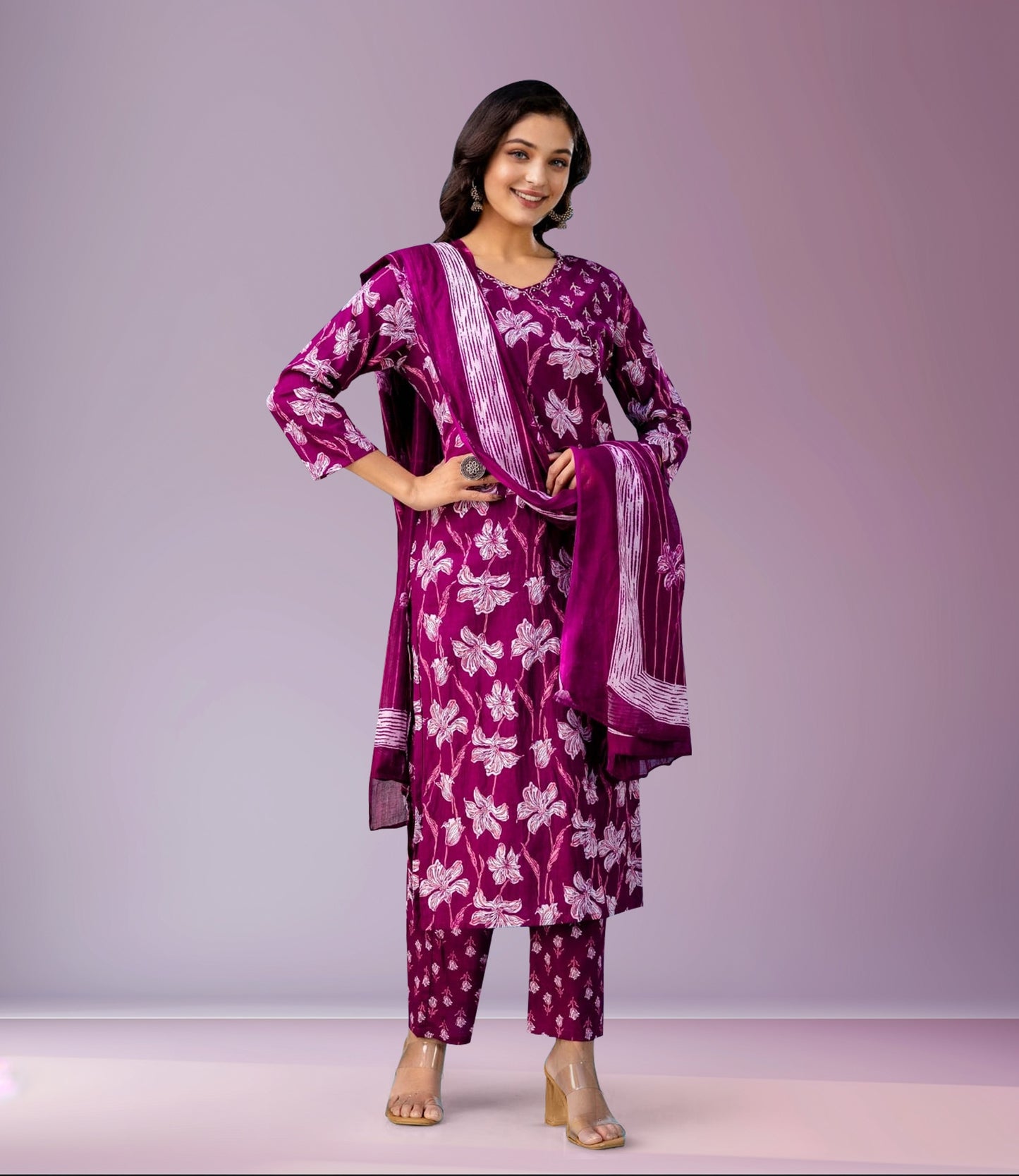 Magenta Floral Print Kurta Set