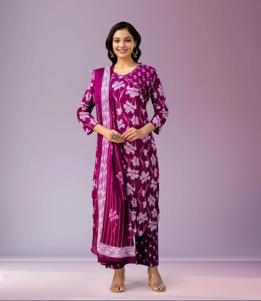 Magenta Floral Print Kurta Set