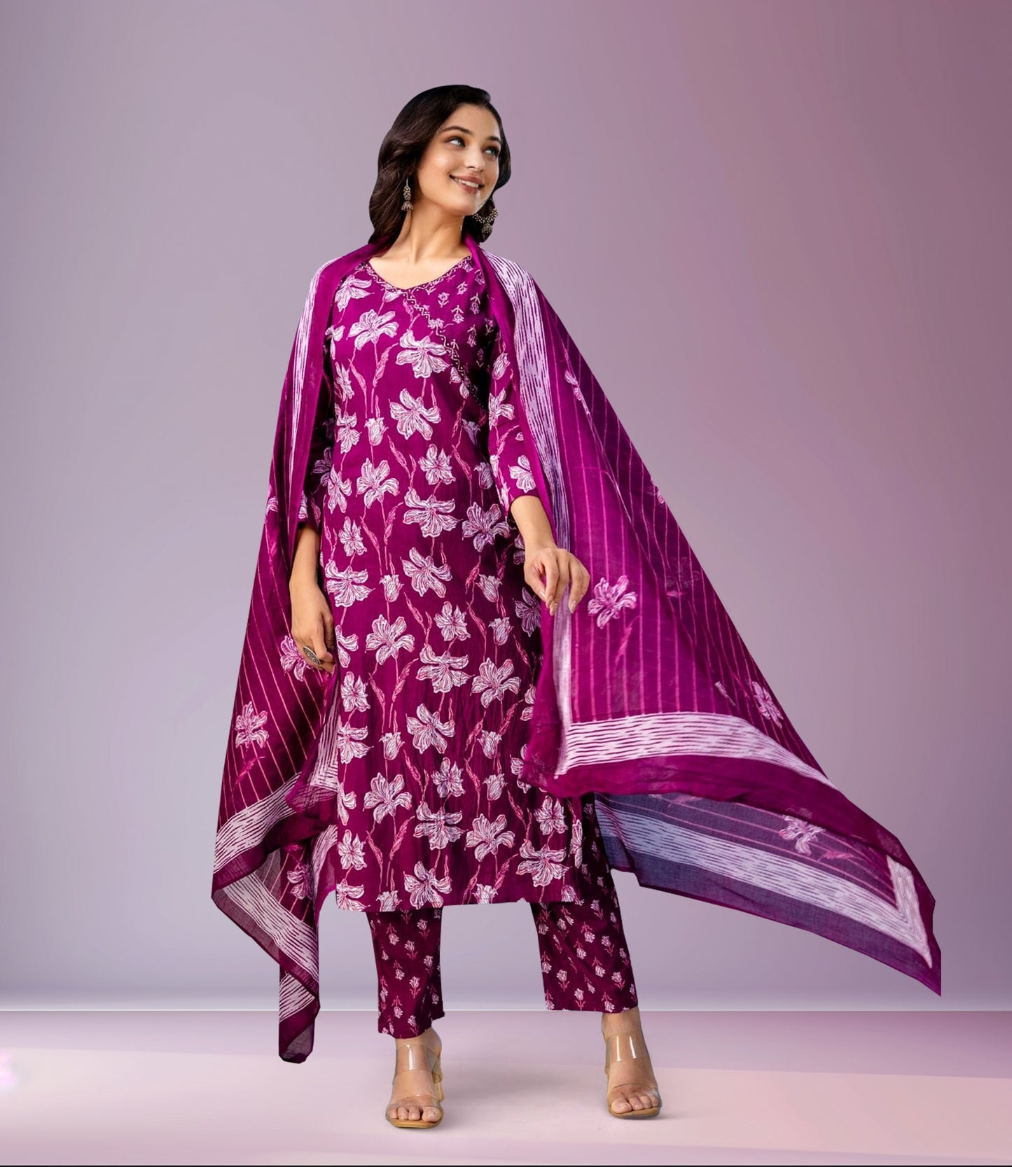 Magenta Floral Print Kurta Set