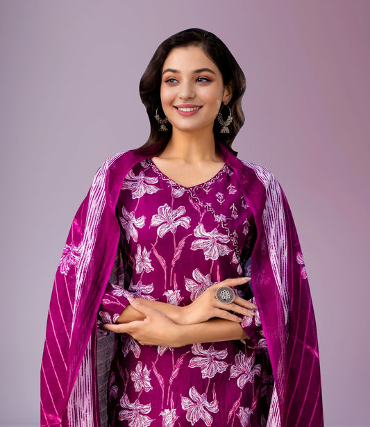 Magenta Floral Print Kurta Set