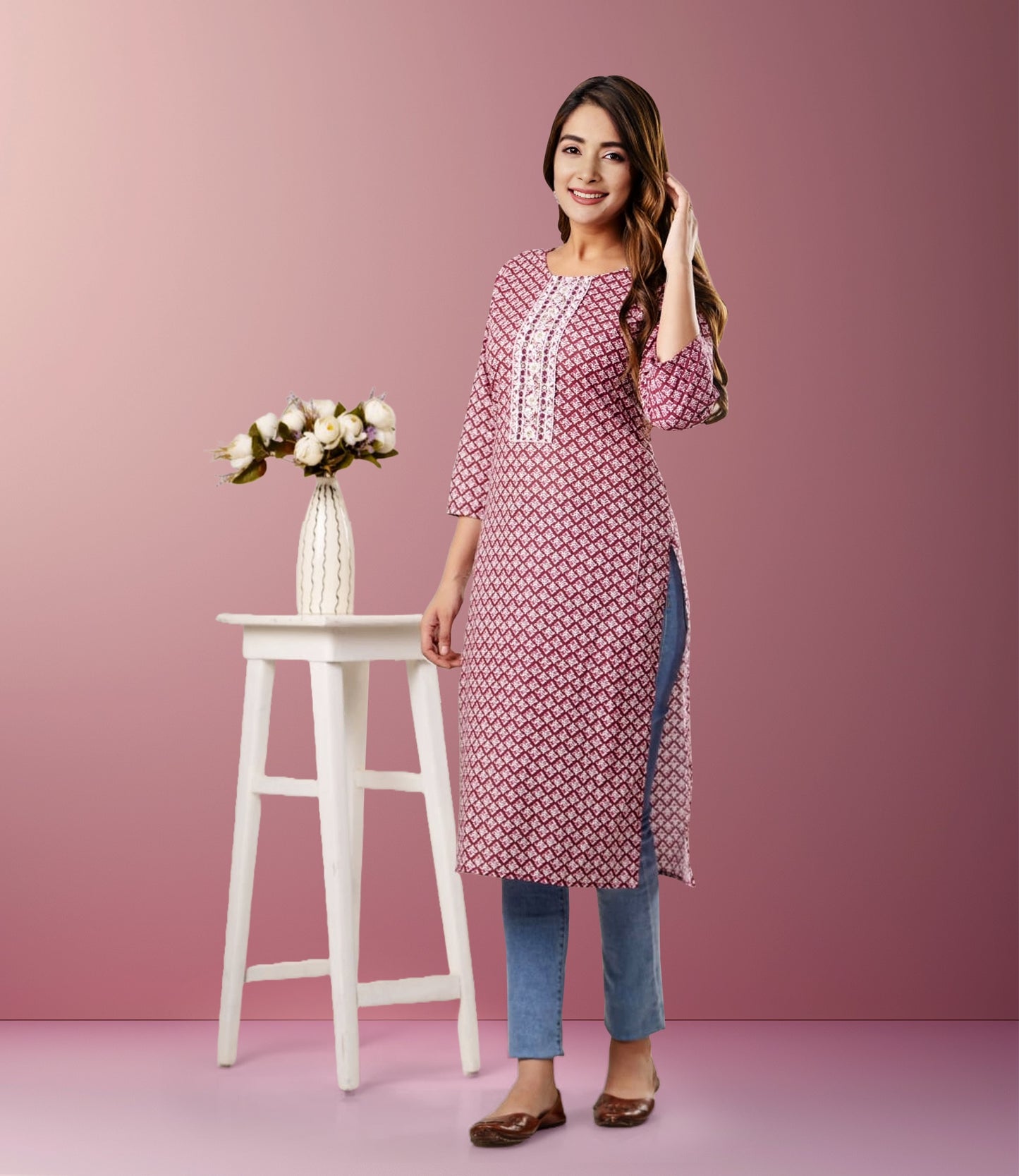 Blush Pink Floral Printed Cotton Kurta