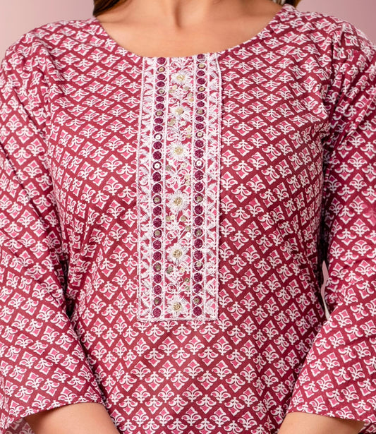 Blush Pink Floral Printed Cotton Kurta