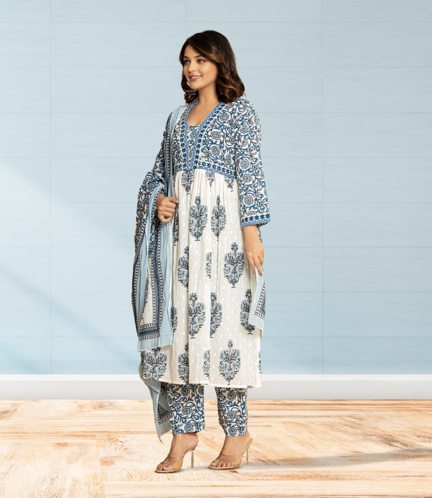 Blue and White Floral Block Print Kurta Set