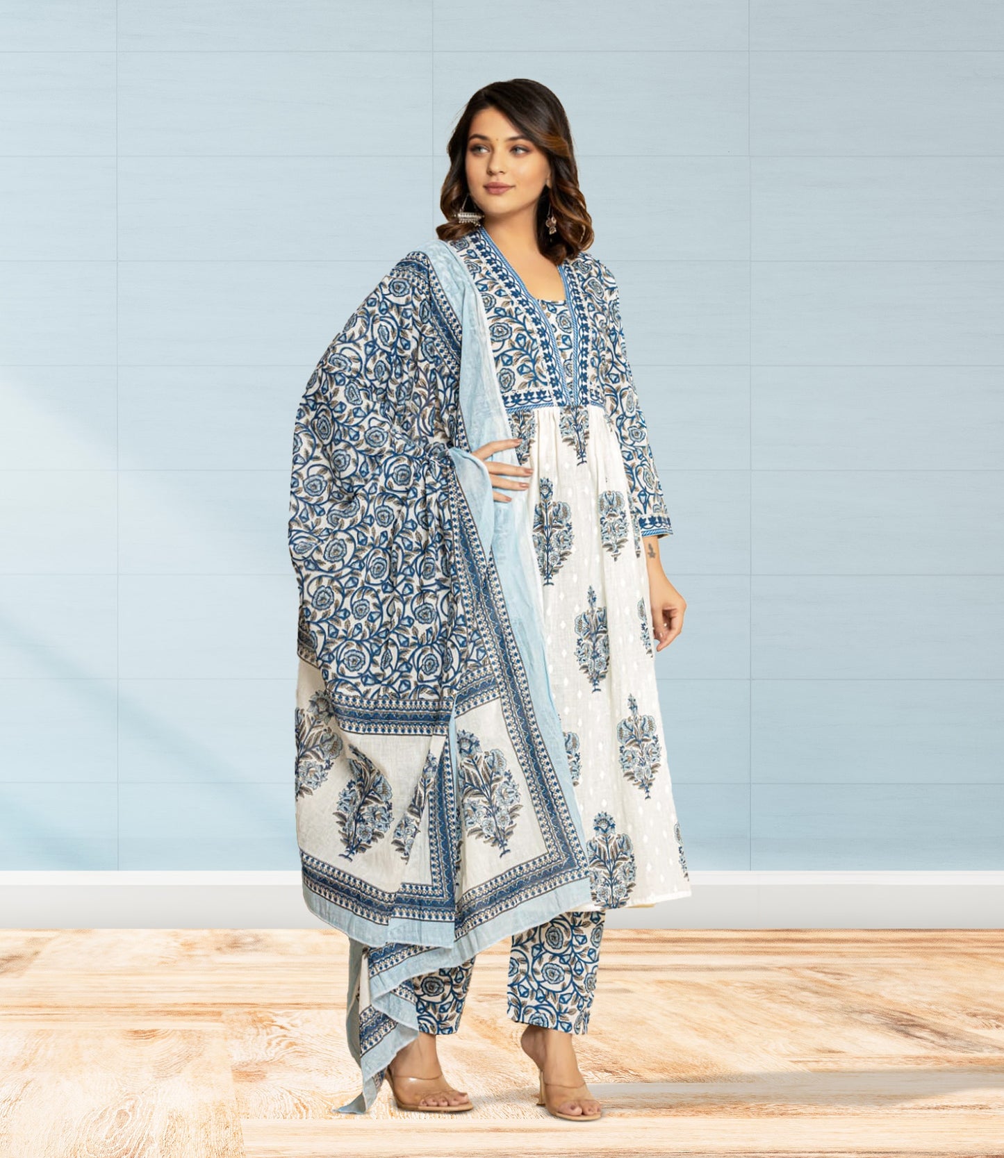 Blue and White Floral Block Print Kurta Set