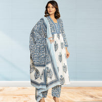 Blue and White Floral Block Print Kurta Set