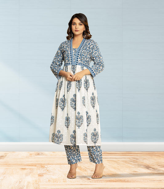 Blue and White Floral Block Print Kurta Set