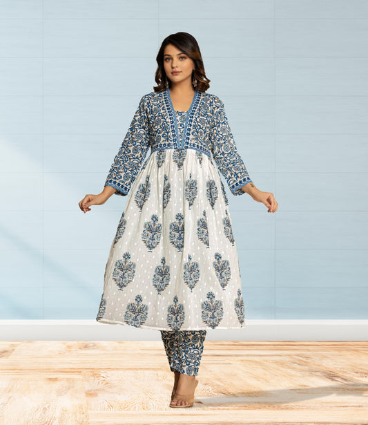 Blue and White Floral Block Print Kurta Set