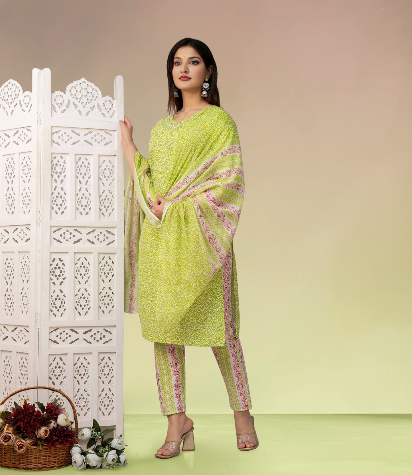 Lime Green Floral Printed Kurta Set