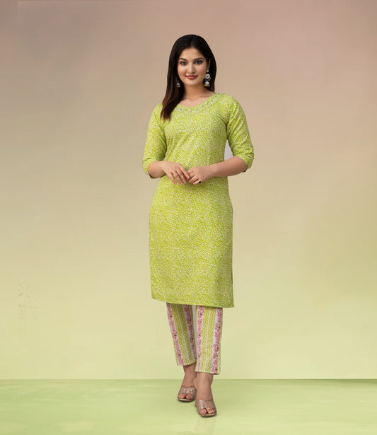 Lime Green Floral Printed Kurta Set