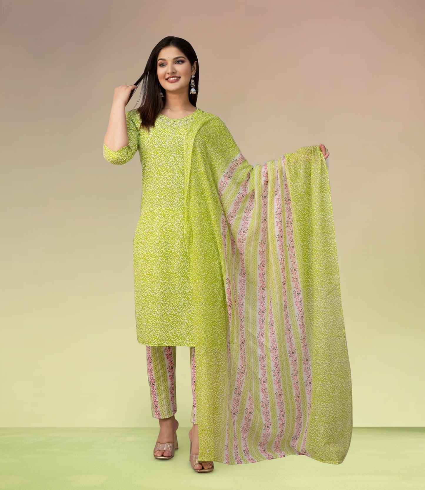 Lime Green Floral Printed Kurta Set