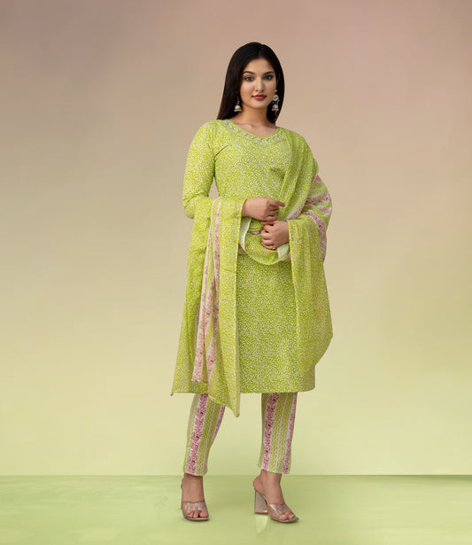 Lime Green Floral Printed Kurta Set