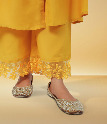 Yellow Muslin Solid Pleated A-Line Kurta Set