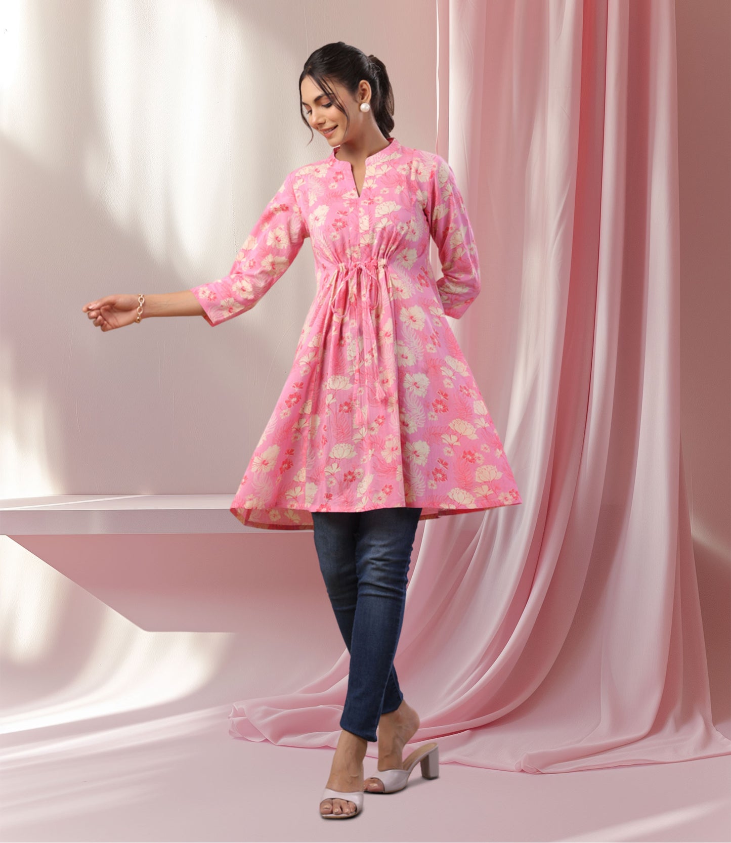 Pink Cotton Floral A-Line Tunic