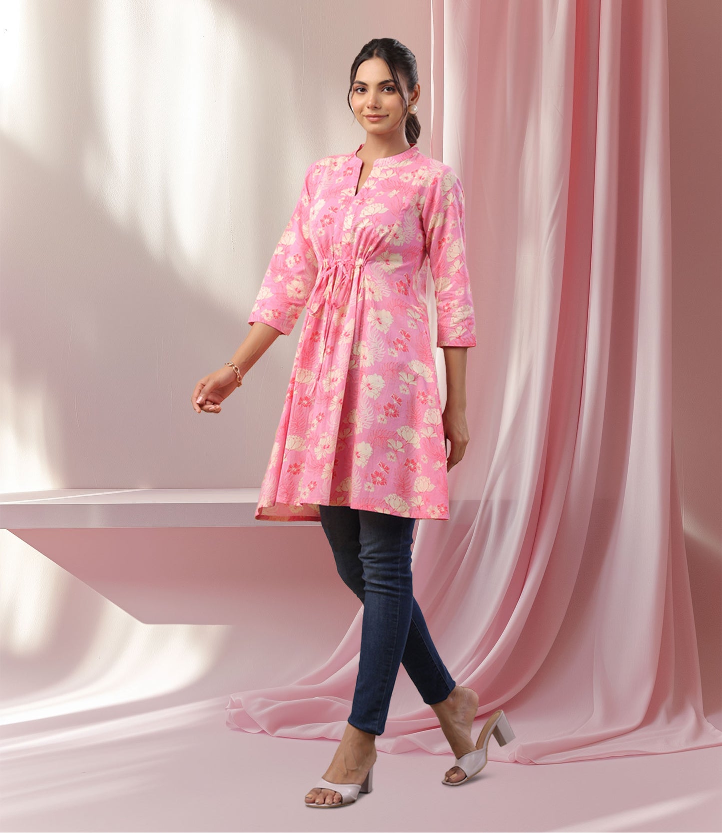 Pink Cotton Floral A-Line Tunic