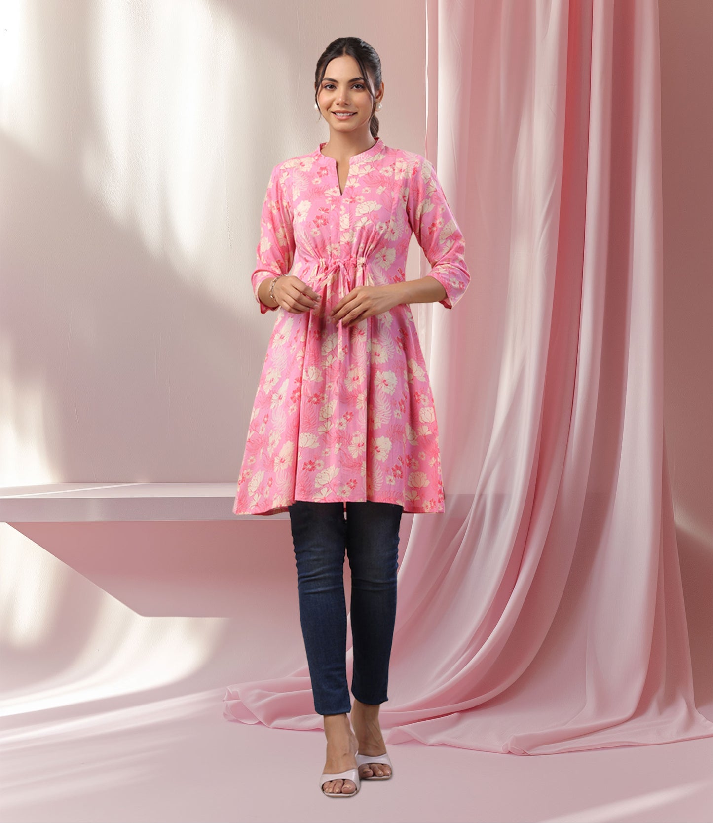 Pink Cotton Floral A-Line Tunic