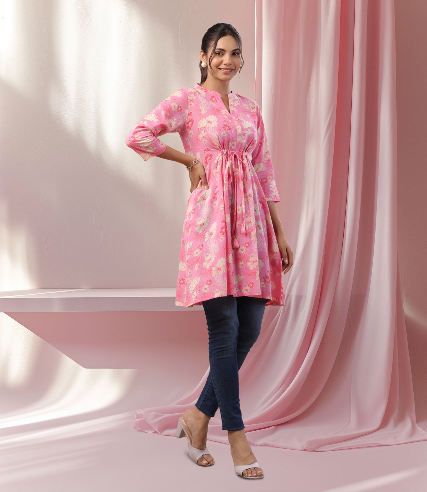 Pink Cotton Floral A-Line Tunic