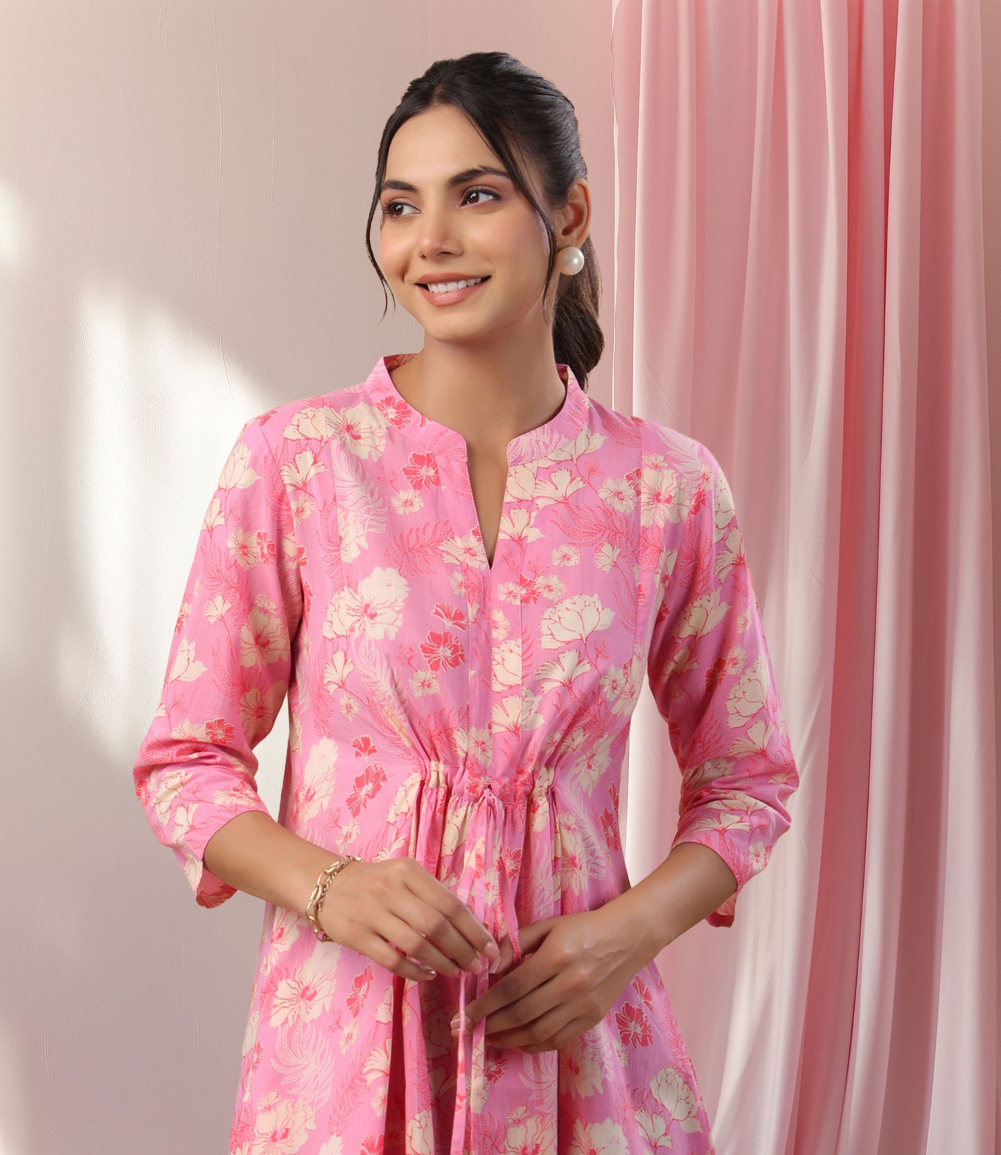 Pink Cotton Floral A-Line Tunic