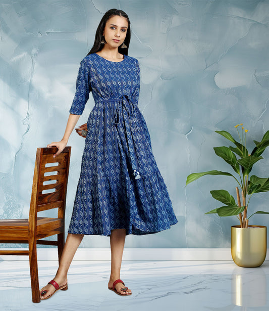 Blue Cotton Woven Design Flared Western Dress