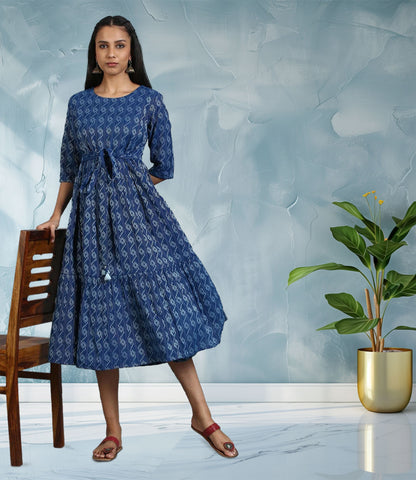 Blue Cotton Woven Design Flared Western Dress