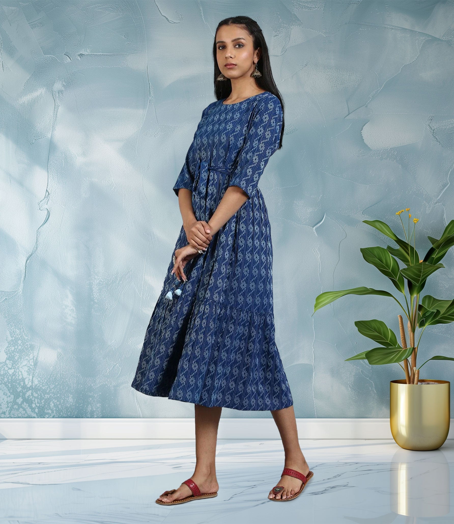 Blue Cotton Woven Design Flared Western Dress – Devnaari