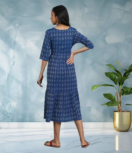 Blue Cotton Woven Design Flared Western Dress