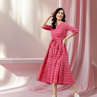 Pink Cotton Woven Design Tiered Western Dress