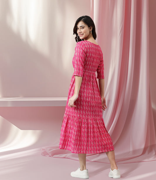 Pink Cotton Woven Design Tiered Western Dress