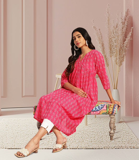 Pink Cotton Woven Design Gathered Kurta