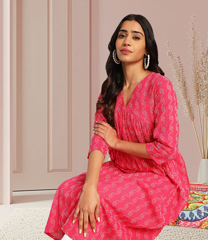 Pink Cotton Woven Design Gathered Kurta