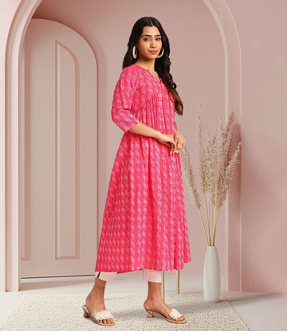 Pink Cotton Woven Design Gathered Kurta