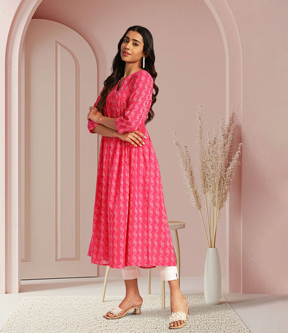 Pink Cotton Woven Design Gathered Kurta