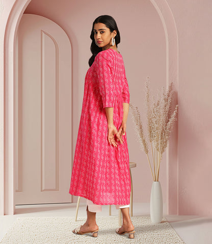 Pink Cotton Woven Design Gathered Kurta