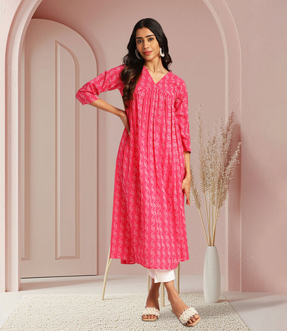 Pink Cotton Woven Design Gathered Kurta