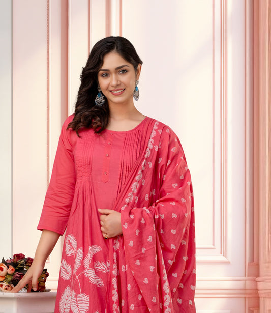 Coral Floral Print Kurta Set