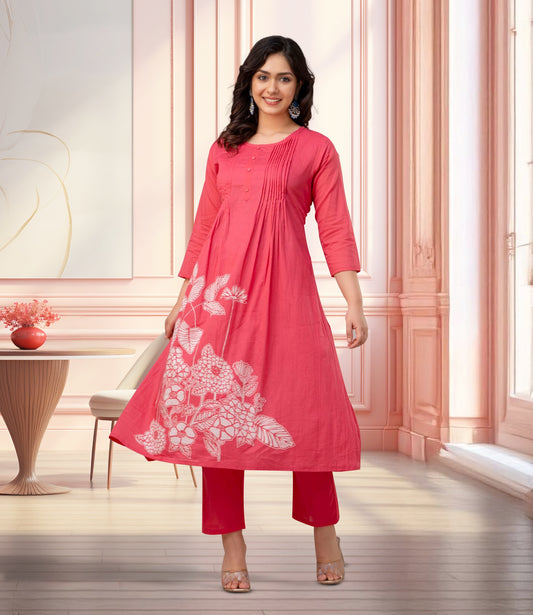 Coral Floral Print Kurta Set