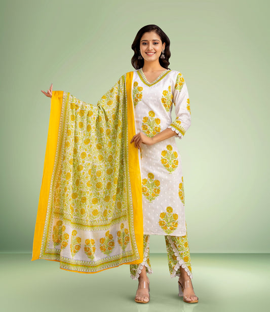 Yellow and White Floral Kurta Set