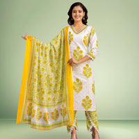 Yellow and White Floral Kurta Set