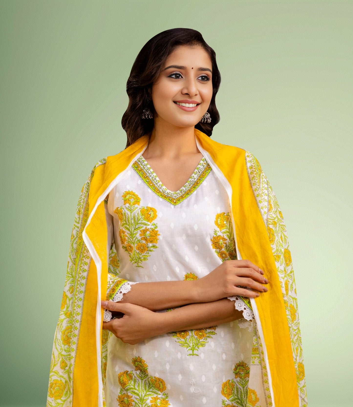 Yellow and White Floral Kurta Set