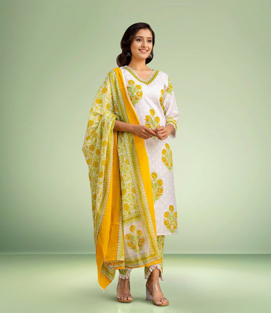 Yellow and White Floral Kurta Set