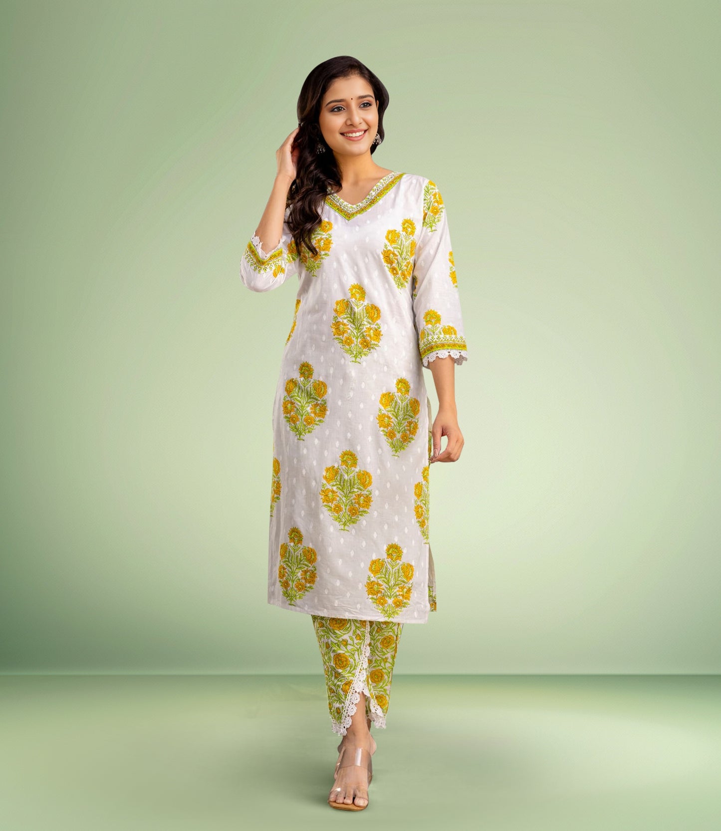 Yellow and White Floral Kurta Set