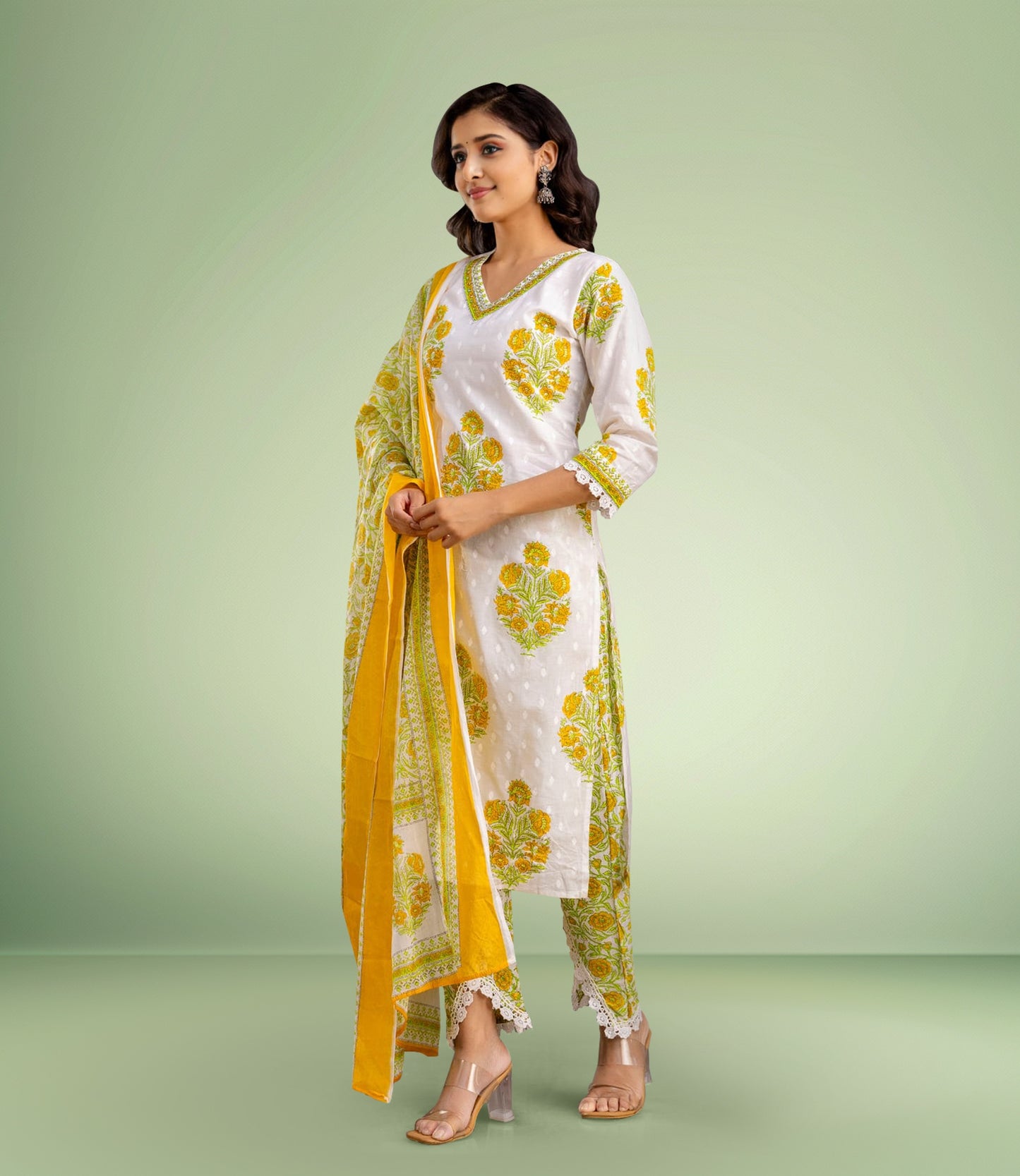 Yellow and White Floral Kurta Set