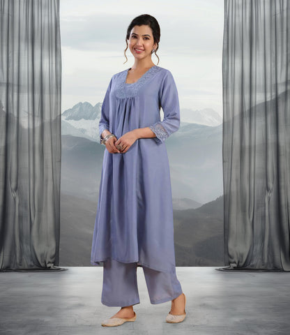 Blue Muslin Yoke Embroidery Panelled Kurta Set