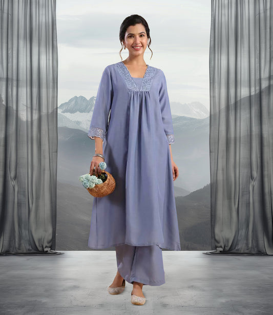 Blue Muslin Yoke Embroidery Panelled Kurta Set