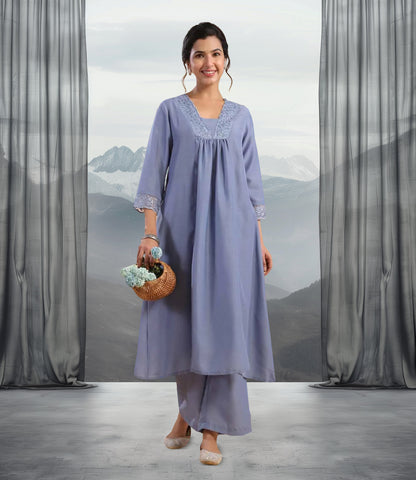 Blue Muslin Yoke Embroidery Panelled Kurta Set