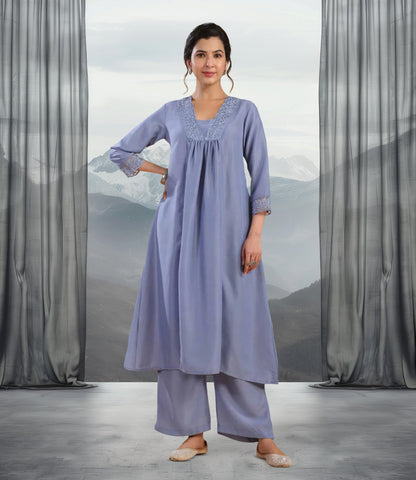 Blue Muslin Yoke Embroidery Panelled Kurta Set