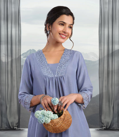 Blue Muslin Yoke Embroidery Panelled Kurta Set