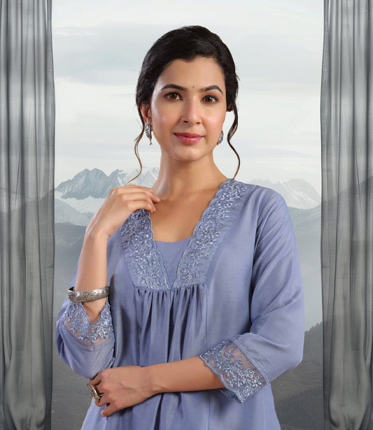 Blue Muslin Yoke Embroidery Panelled Kurta Set