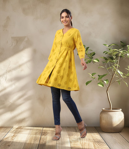 Mustard Cotton Schiffli A-Line Tunic