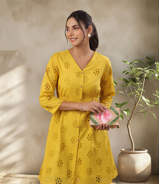 Mustard Cotton Schiffli A-Line Tunic