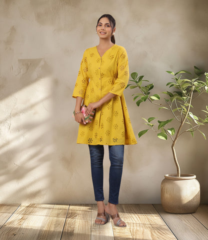 Mustard Cotton Schiffli A-Line Tunic